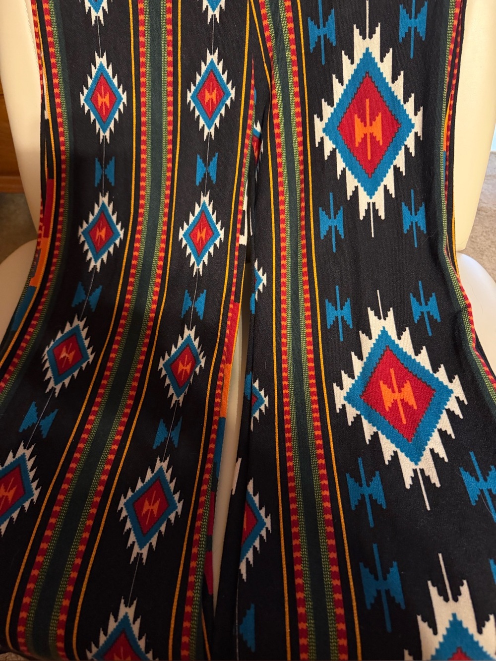 WinWin Black Aztec-Pattern Wide Leg Pants with Red & Blue Accents